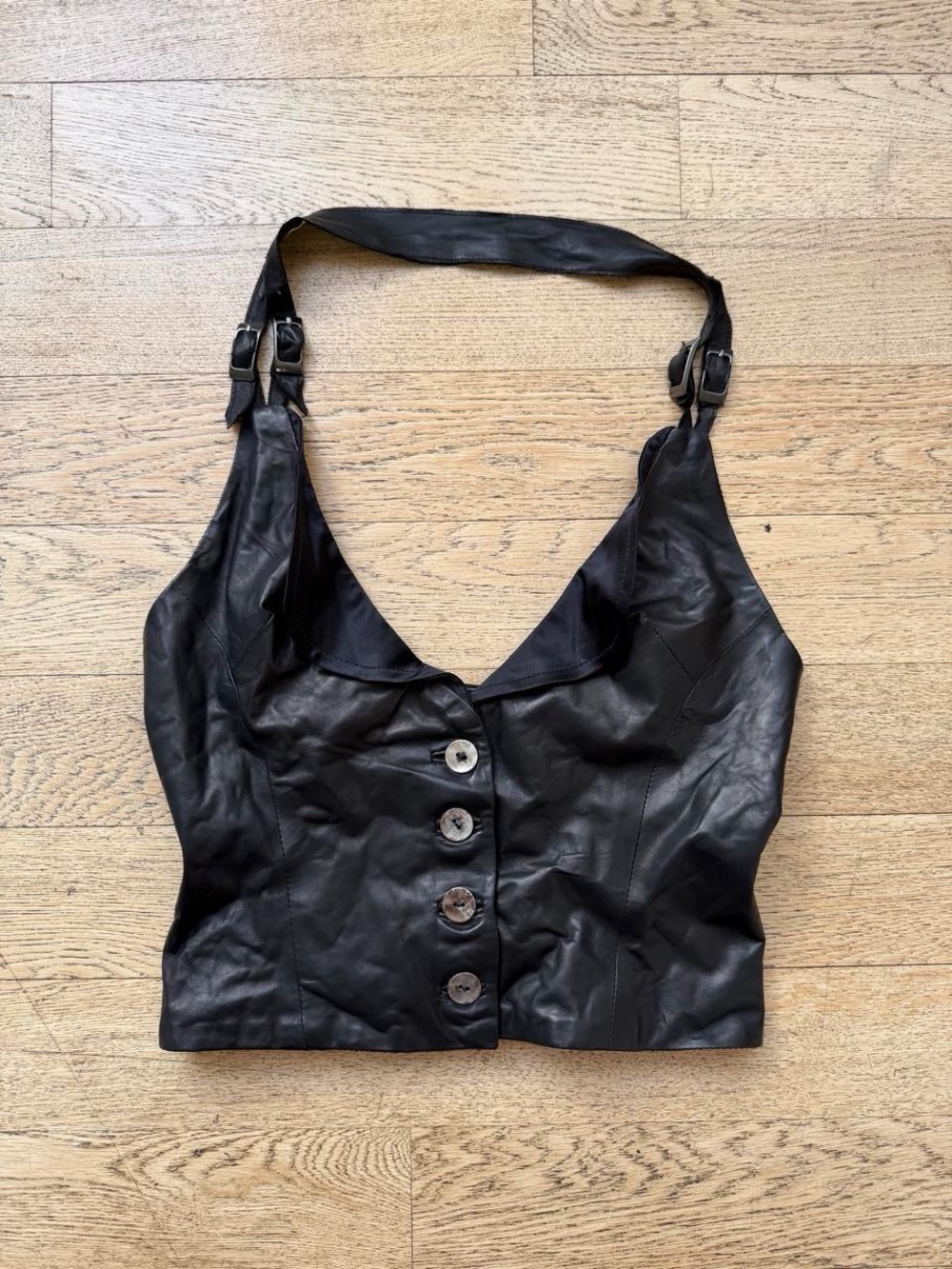 Black Leather Button-Front Crop Top Y2K Nicholai Black Leather Halter Vest Moto